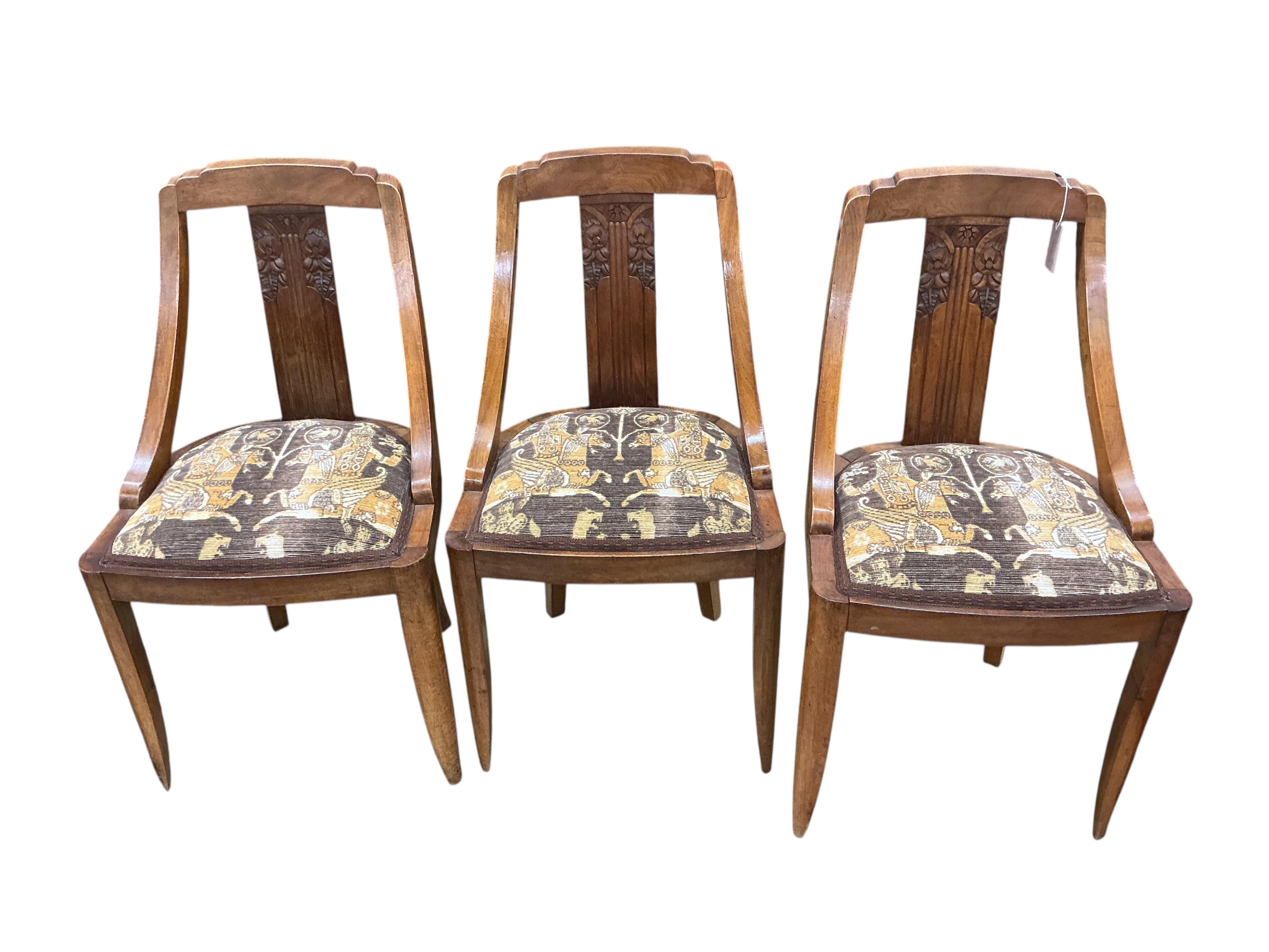 A set of six French Art Deco mahogany dining chairs, width 46cm, depth 42cm, height 86cm